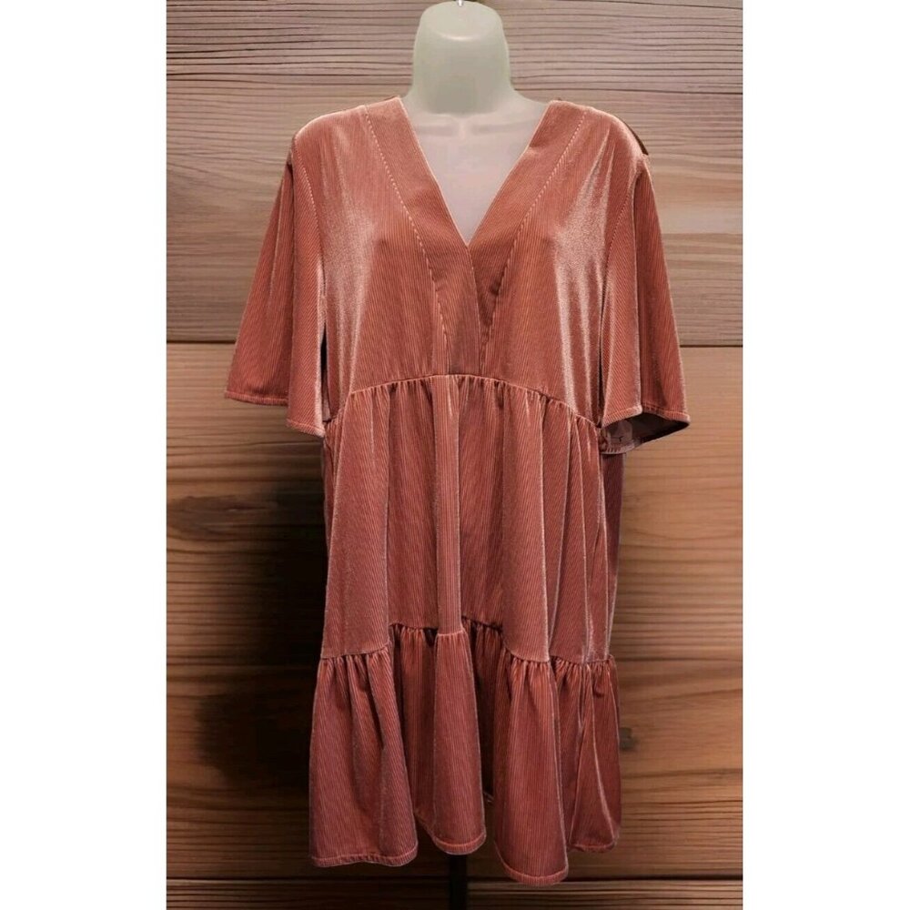 Zara Pink Ribbed V Neck Short Sleeve Babydoll Dress Stretch Sz M Boho